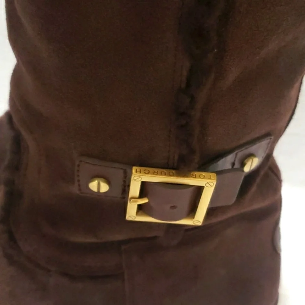 Tory Burch Brown Shearling And Suede Midcalf Flat Womens Boots Size 8.5